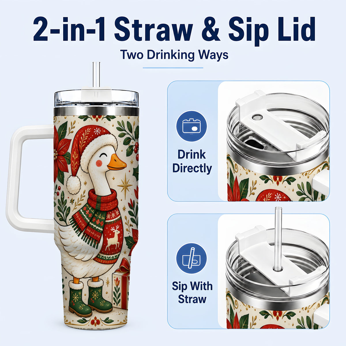 #pl[40oz|White] Christmas Goose 40oz Tumbler with Handle, Farmhouse Holiday Drinkware