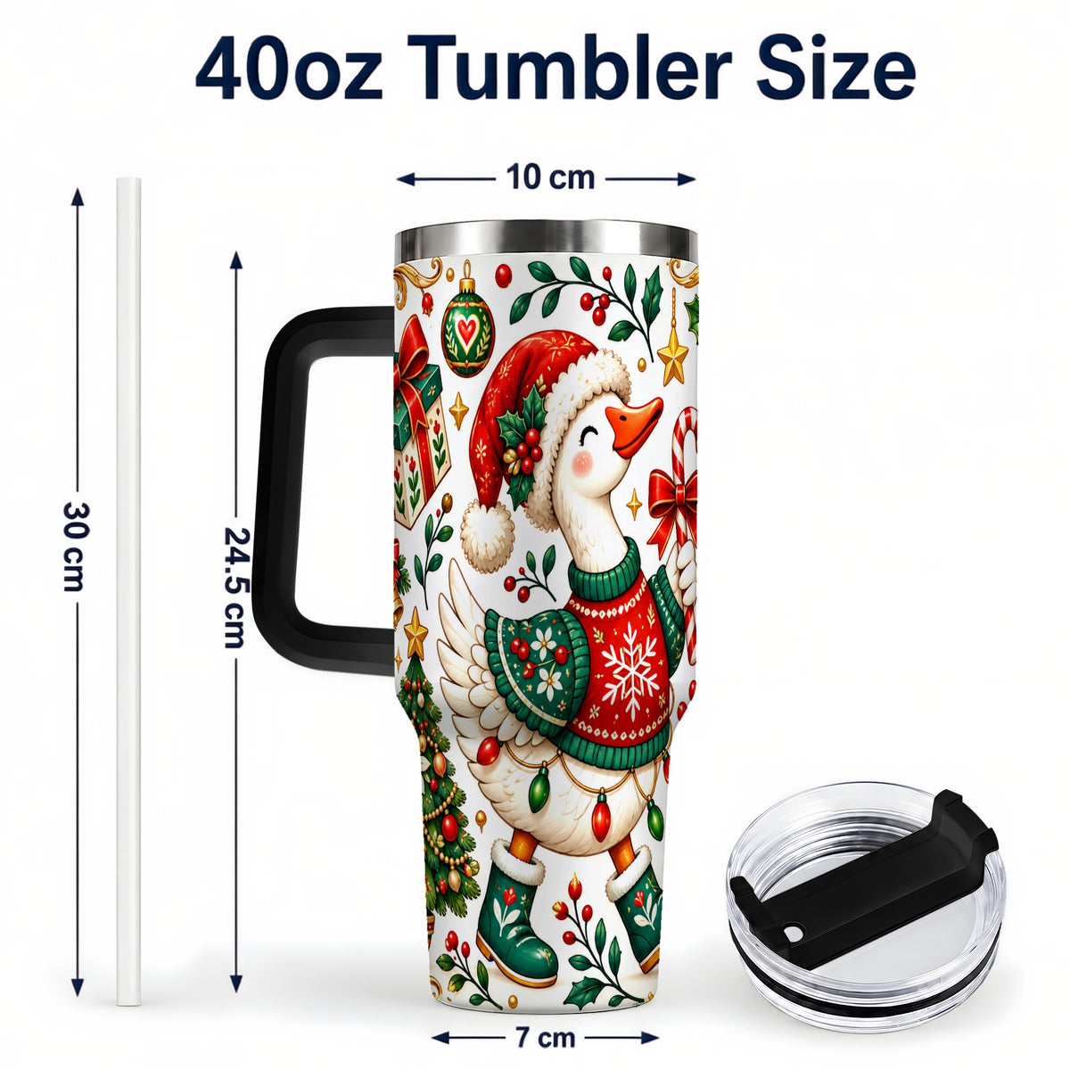 #pl[40oz|Black] Candy Cane Goose 40oz Tumbler with Handle, Festive Christmas Design