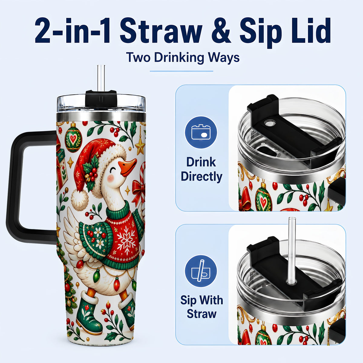 #pl[40oz|Black] Candy Cane Goose 40oz Tumbler with Handle, Festive Christmas Design