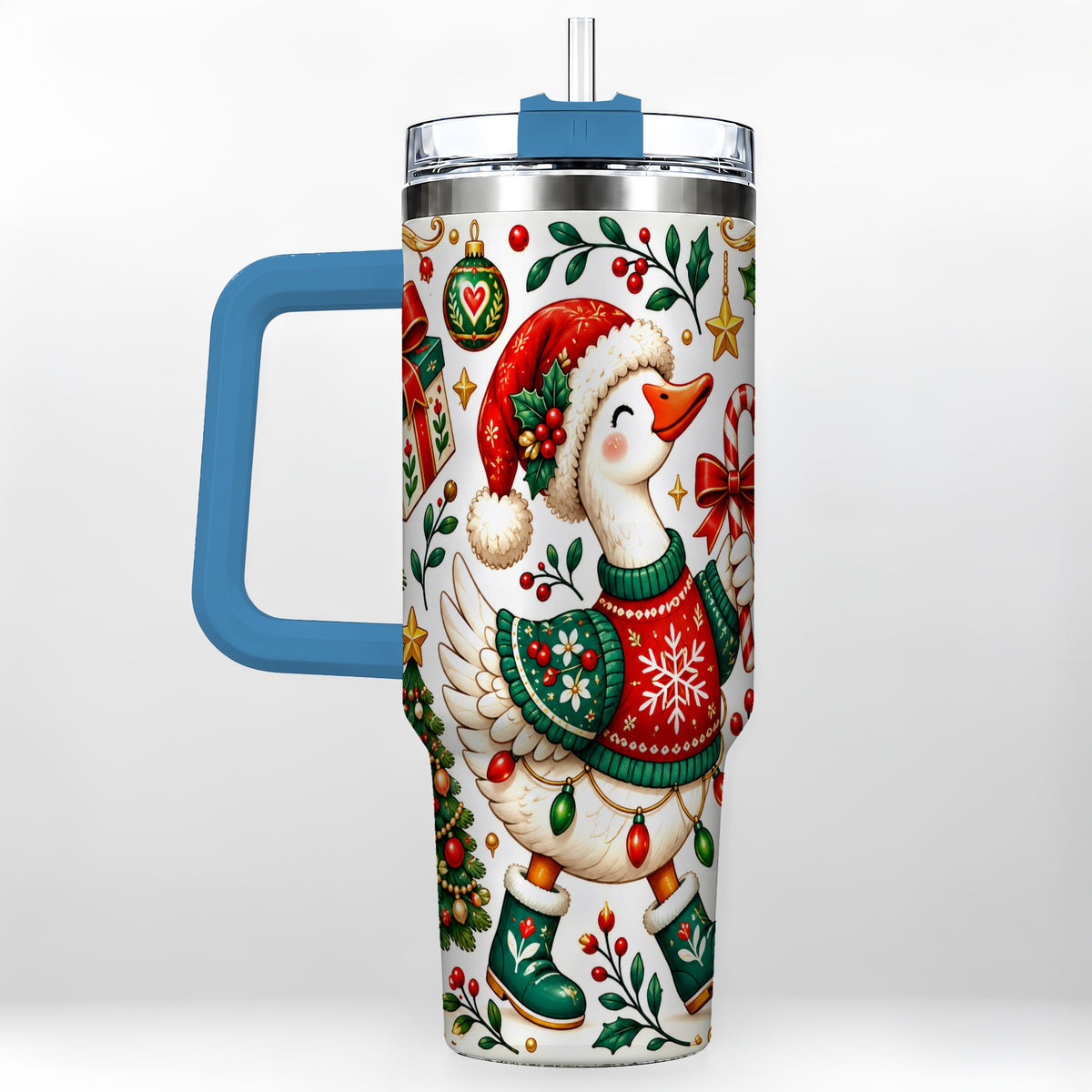 #pl[40oz|Blue] Candy Cane Goose 40oz Tumbler with Handle, Festive Christmas Design