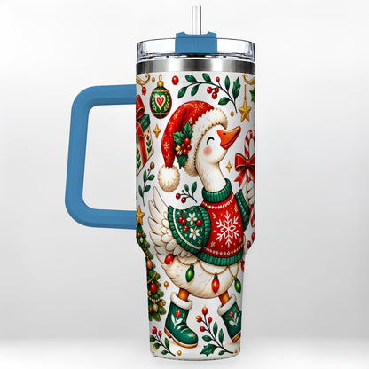 #pl[40oz|Blue] Candy Cane Goose 40oz Tumbler with Handle, Festive Christmas Design