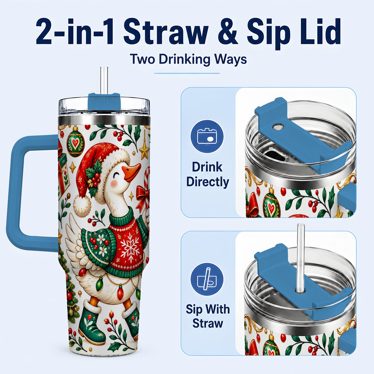 #pl[40oz|Blue] Candy Cane Goose 40oz Tumbler with Handle, Festive Christmas Design
