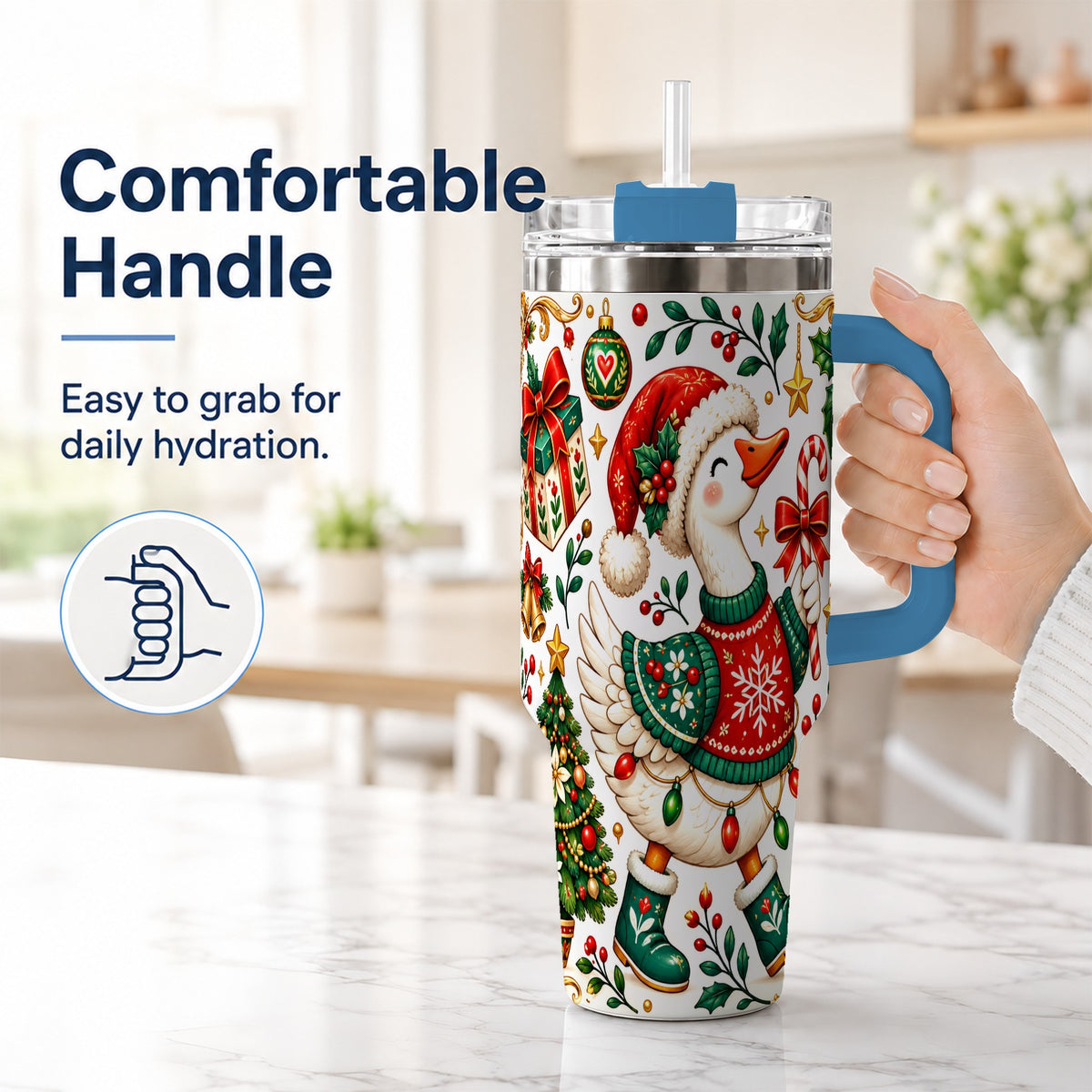 #pl[40oz|Blue] Candy Cane Goose 40oz Tumbler with Handle, Festive Christmas Design