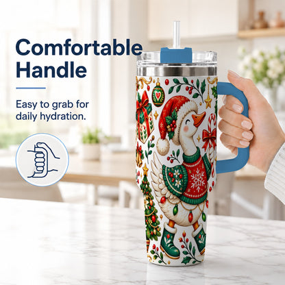#pl[40oz|Blue] Candy Cane Goose 40oz Tumbler with Handle, Festive Christmas Design