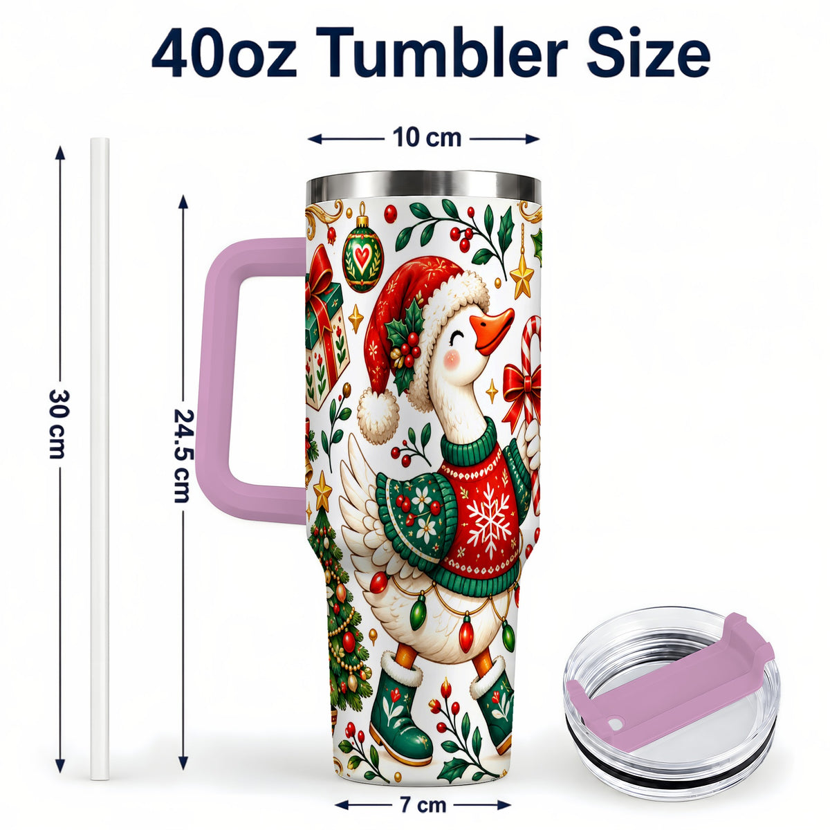 #pl[40oz|Pink] Candy Cane Goose 40oz Tumbler with Handle, Festive Christmas Design