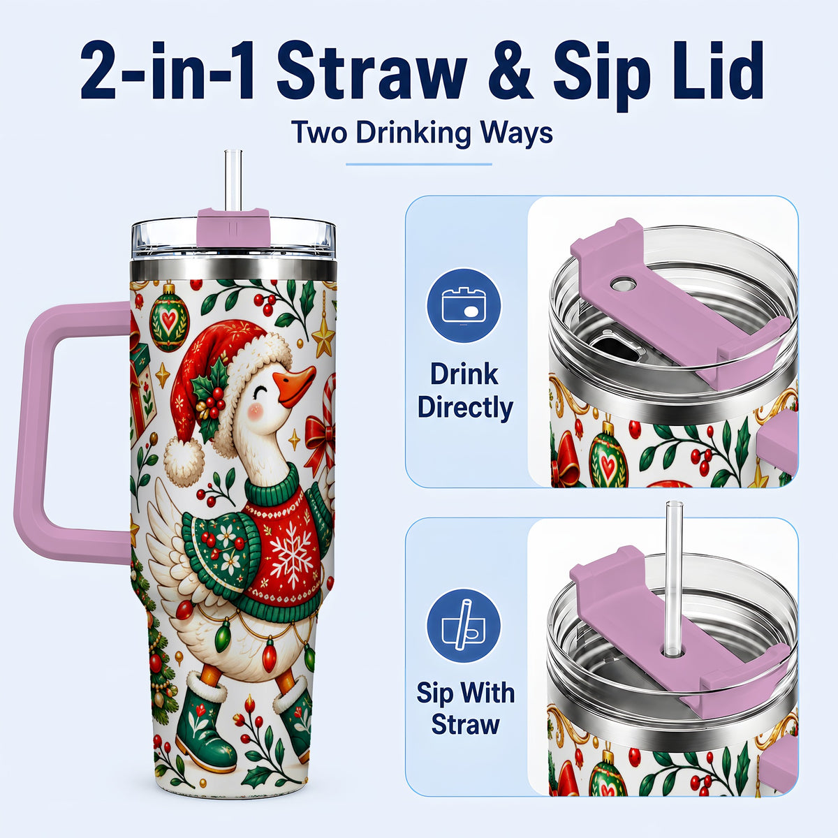 #pl[40oz|Pink] Candy Cane Goose 40oz Tumbler with Handle, Festive Christmas Design