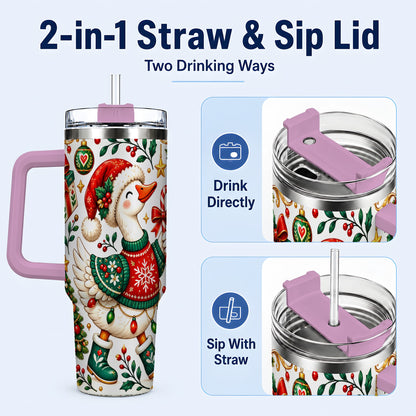 #pl[40oz|Pink] Candy Cane Goose 40oz Tumbler with Handle, Festive Christmas Design