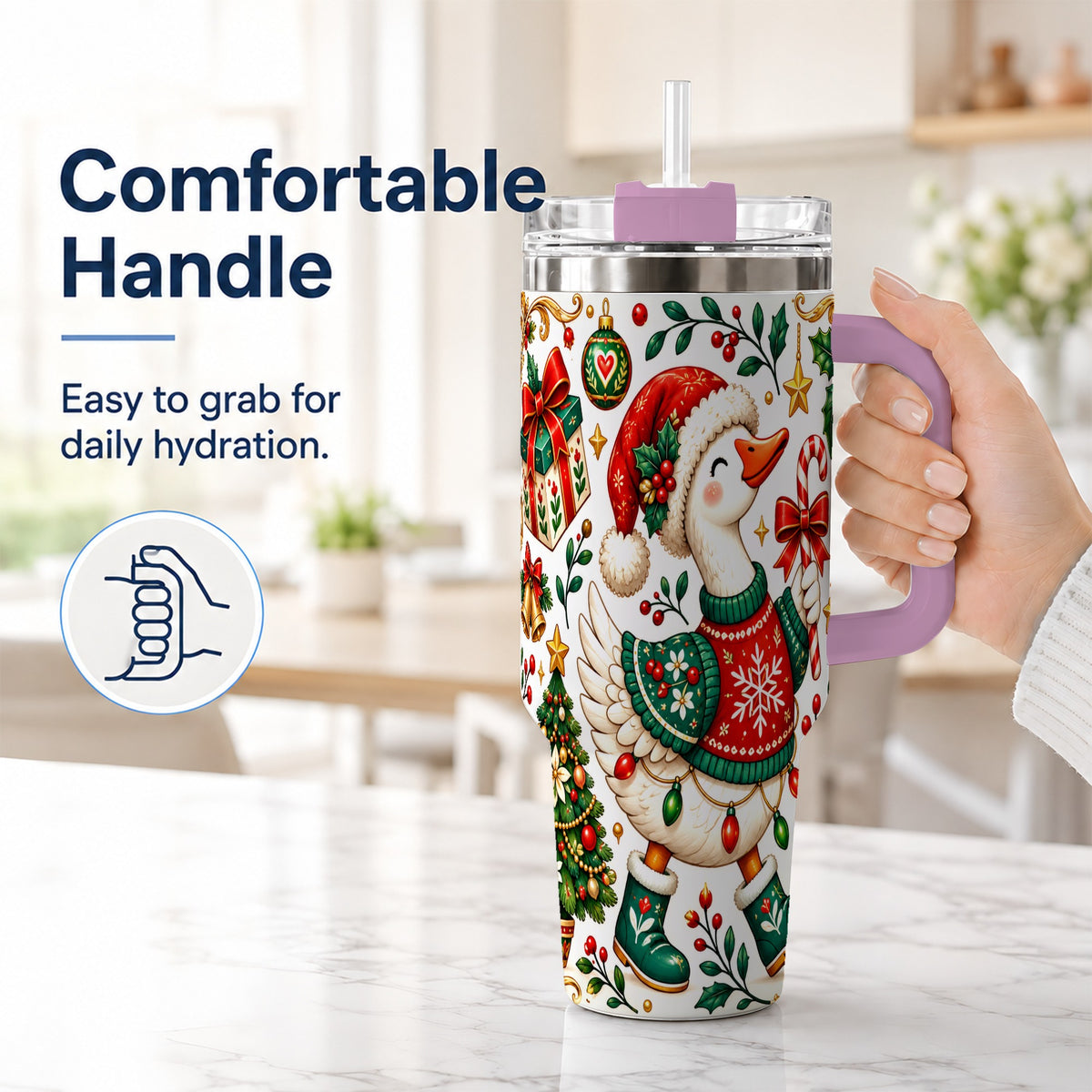 #pl[40oz|Pink] Candy Cane Goose 40oz Tumbler with Handle, Festive Christmas Design