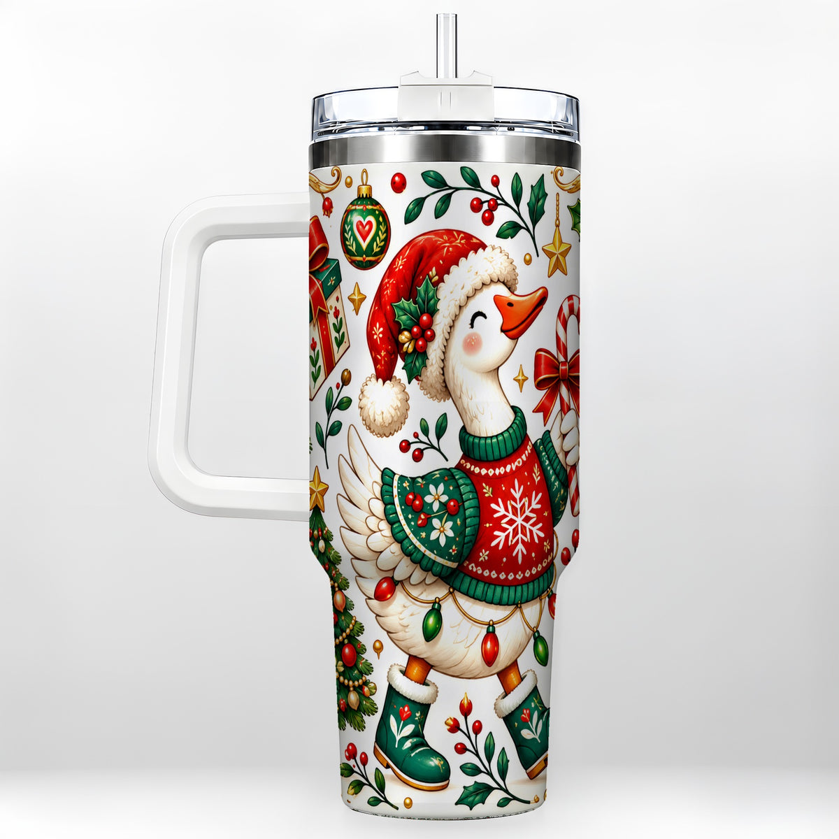 Candy Cane Goose 40oz Tumbler with Handle, Festive Christmas Design
