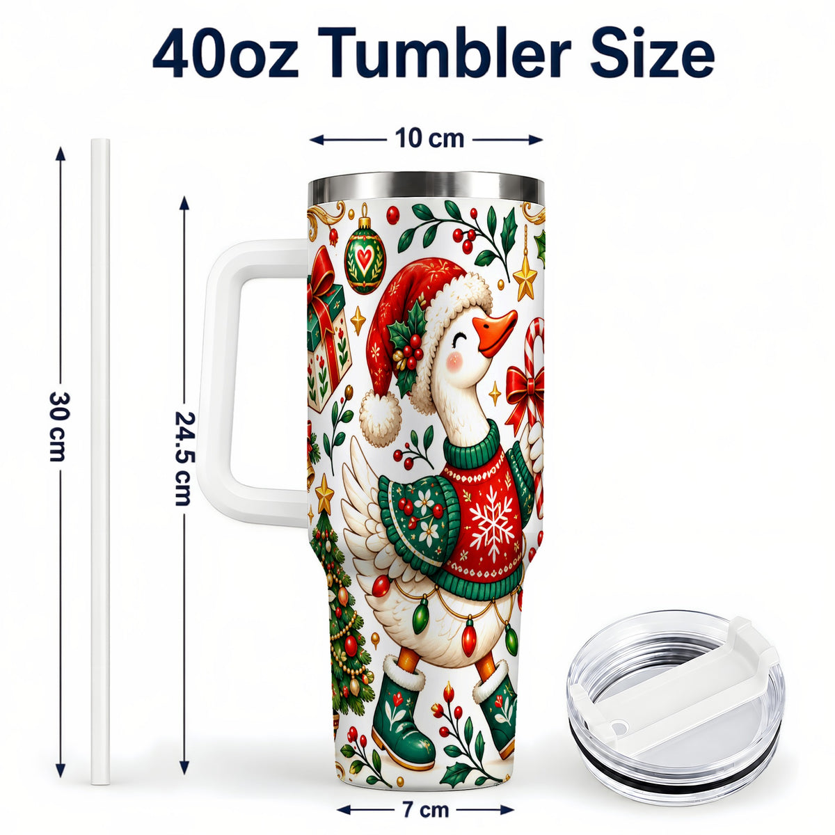#pl[40oz|White] Candy Cane Goose 40oz Tumbler with Handle, Festive Christmas Design