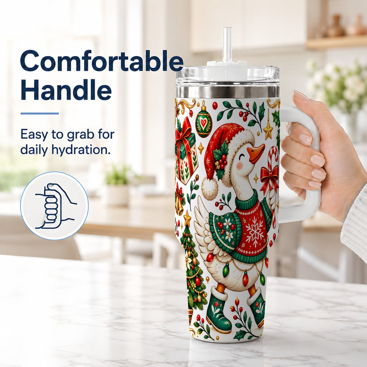 #pl[40oz|White] Candy Cane Goose 40oz Tumbler with Handle, Festive Christmas Design