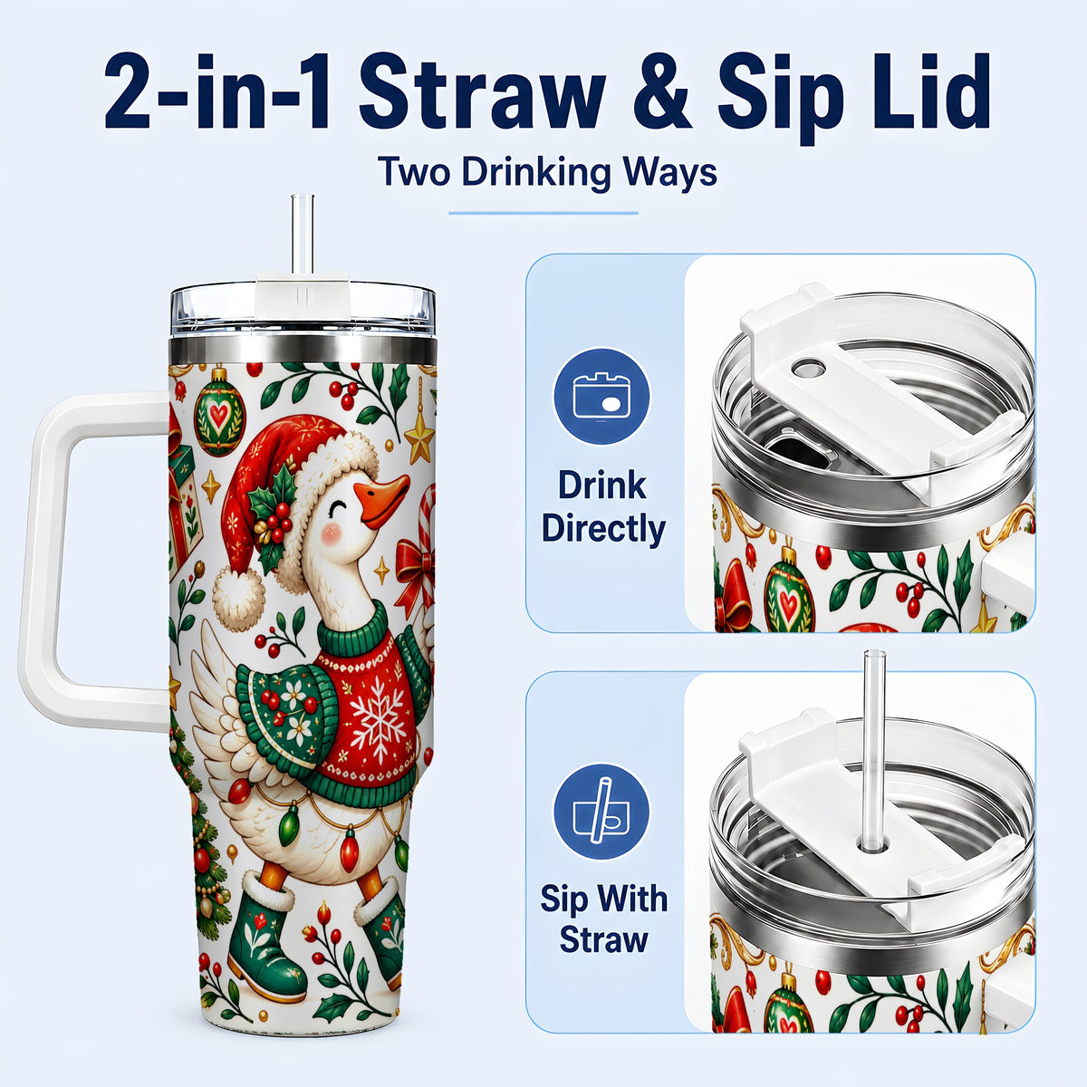 #pl[40oz|White] Candy Cane Goose 40oz Tumbler with Handle, Festive Christmas Design