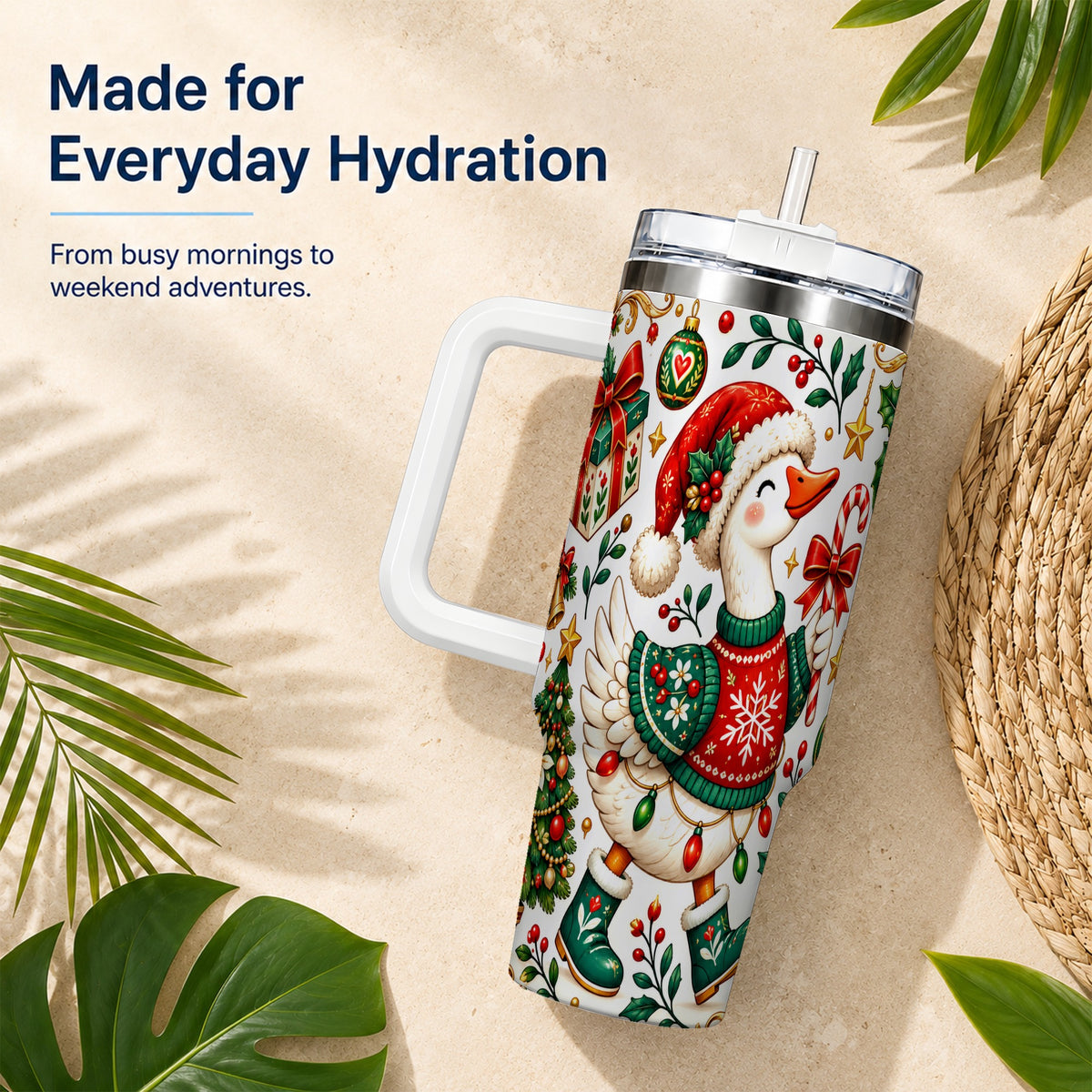 Candy Cane Goose 40oz Tumbler with Handle, Festive Christmas Design