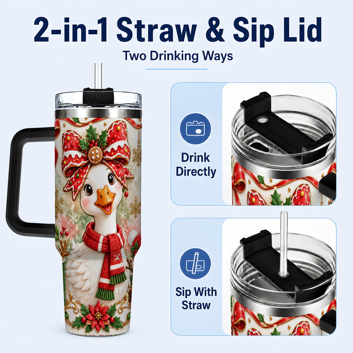 #pl[40oz|Black] Gingerbread Goose 40oz Tumbler with Handle, Cute Christmas Drinkware