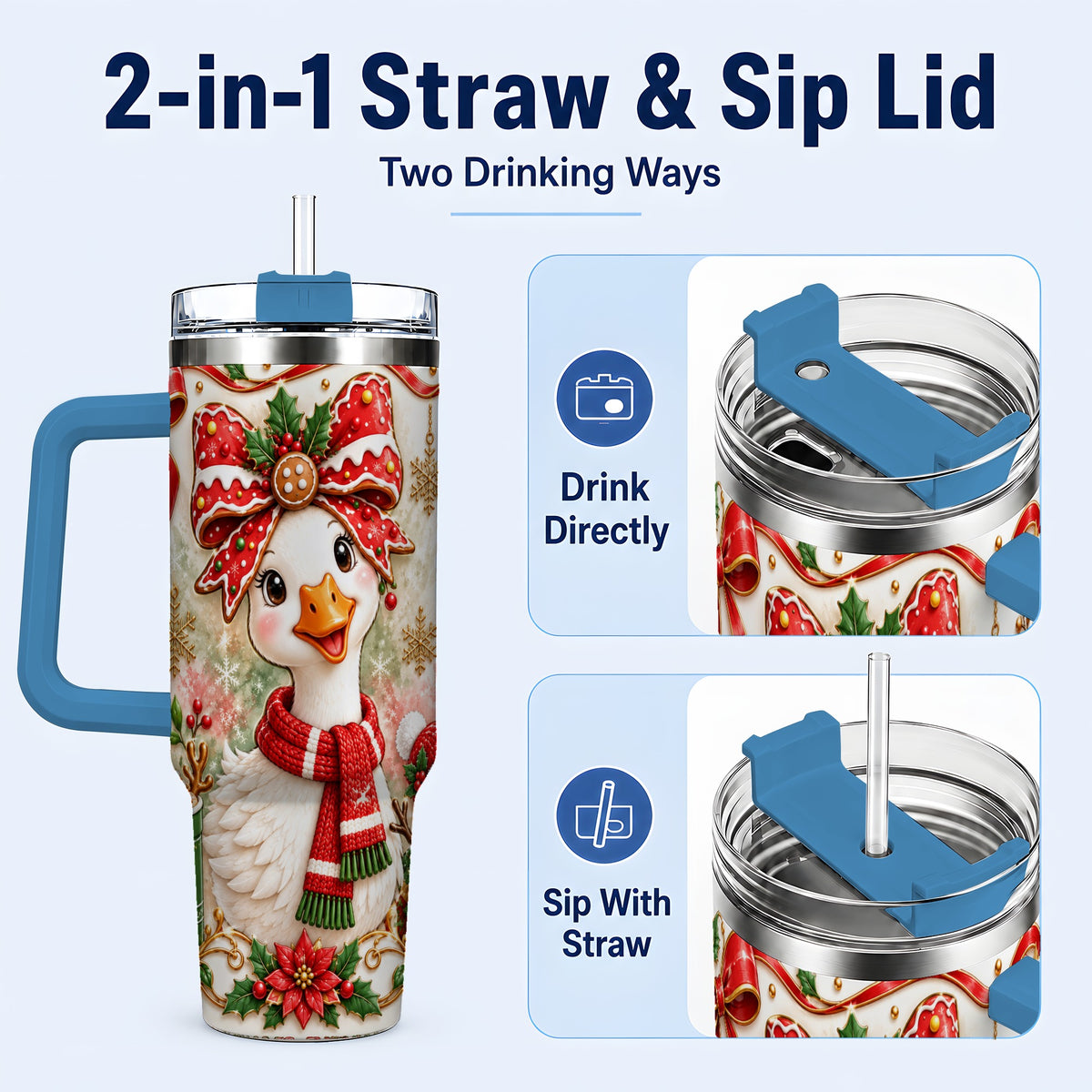 #pl[40oz|Blue] Gingerbread Goose 40oz Tumbler with Handle, Cute Christmas Drinkware