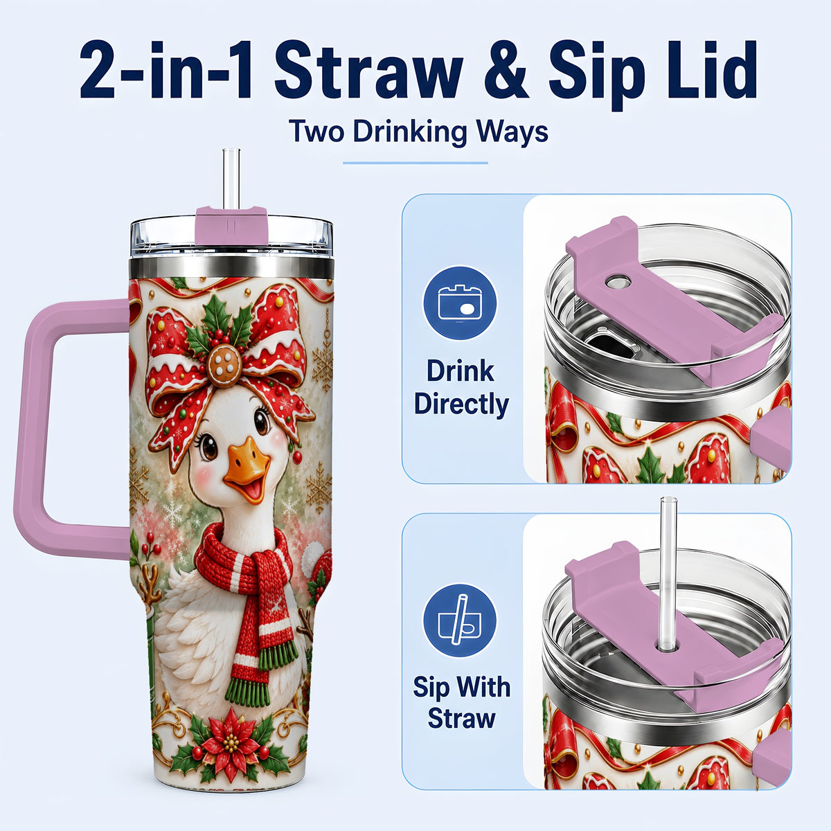 #pl[40oz|Pink] Gingerbread Goose 40oz Tumbler with Handle, Cute Christmas Drinkware