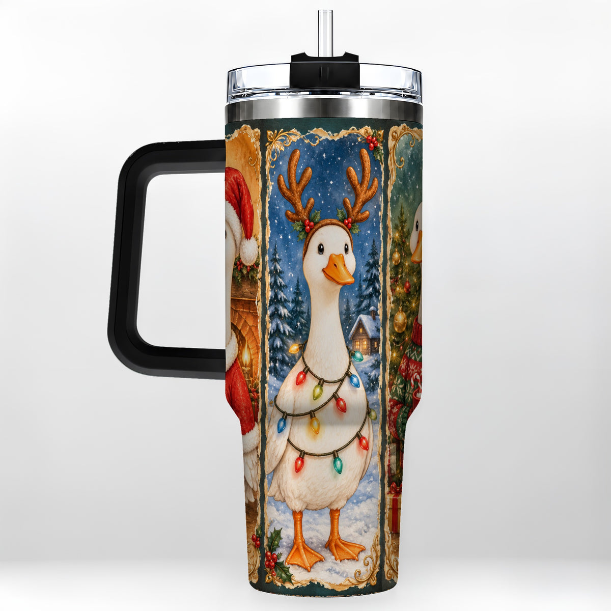 #pl[40oz|Black] Christmas Goose Trio 40oz Tumbler with Handle, Vintage Holiday Design