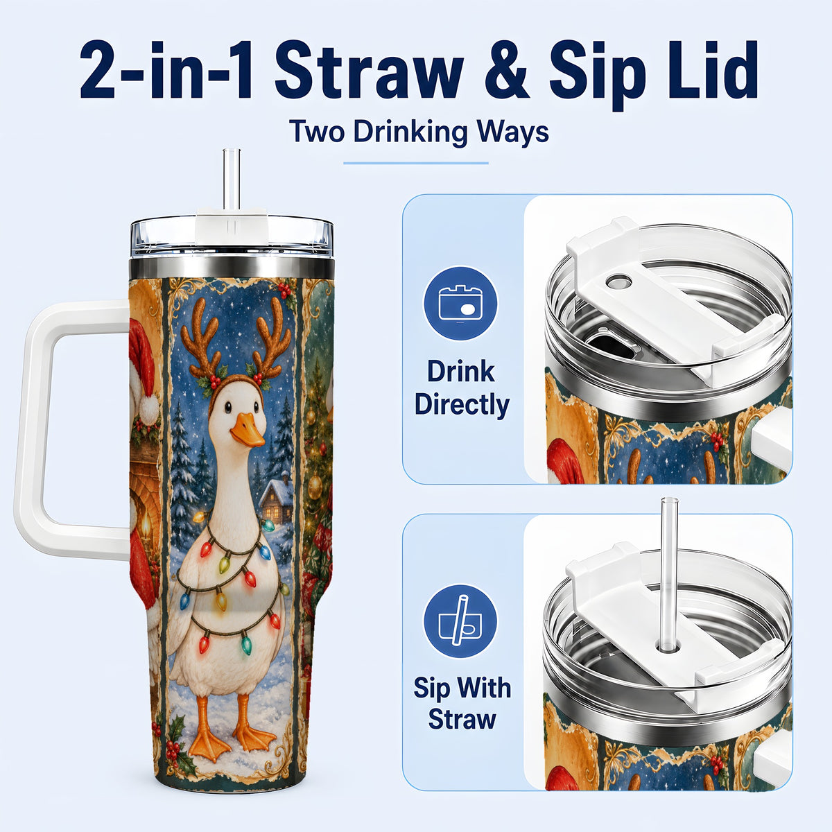 #pl[40oz|White] Christmas Goose Trio 40oz Tumbler with Handle, Vintage Holiday Design
