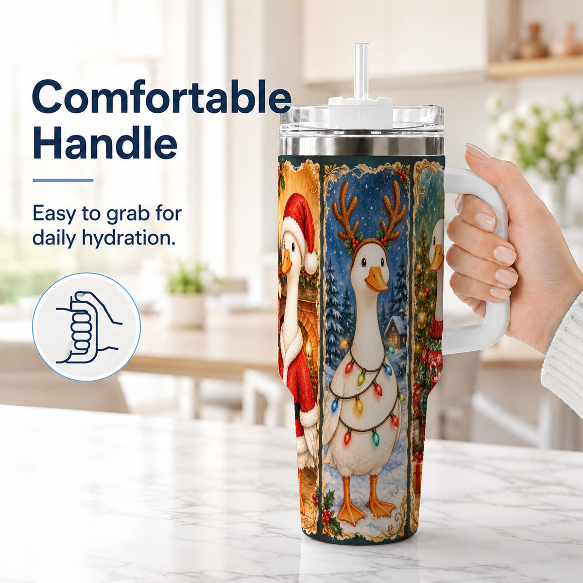 #pl[40oz|White] Christmas Goose Trio 40oz Tumbler with Handle, Vintage Holiday Design