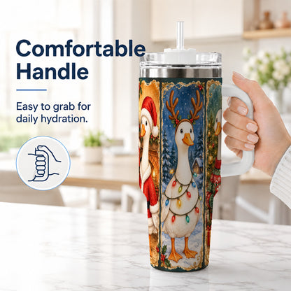 #pl[40oz|White] Christmas Goose Trio 40oz Tumbler with Handle, Vintage Holiday Design