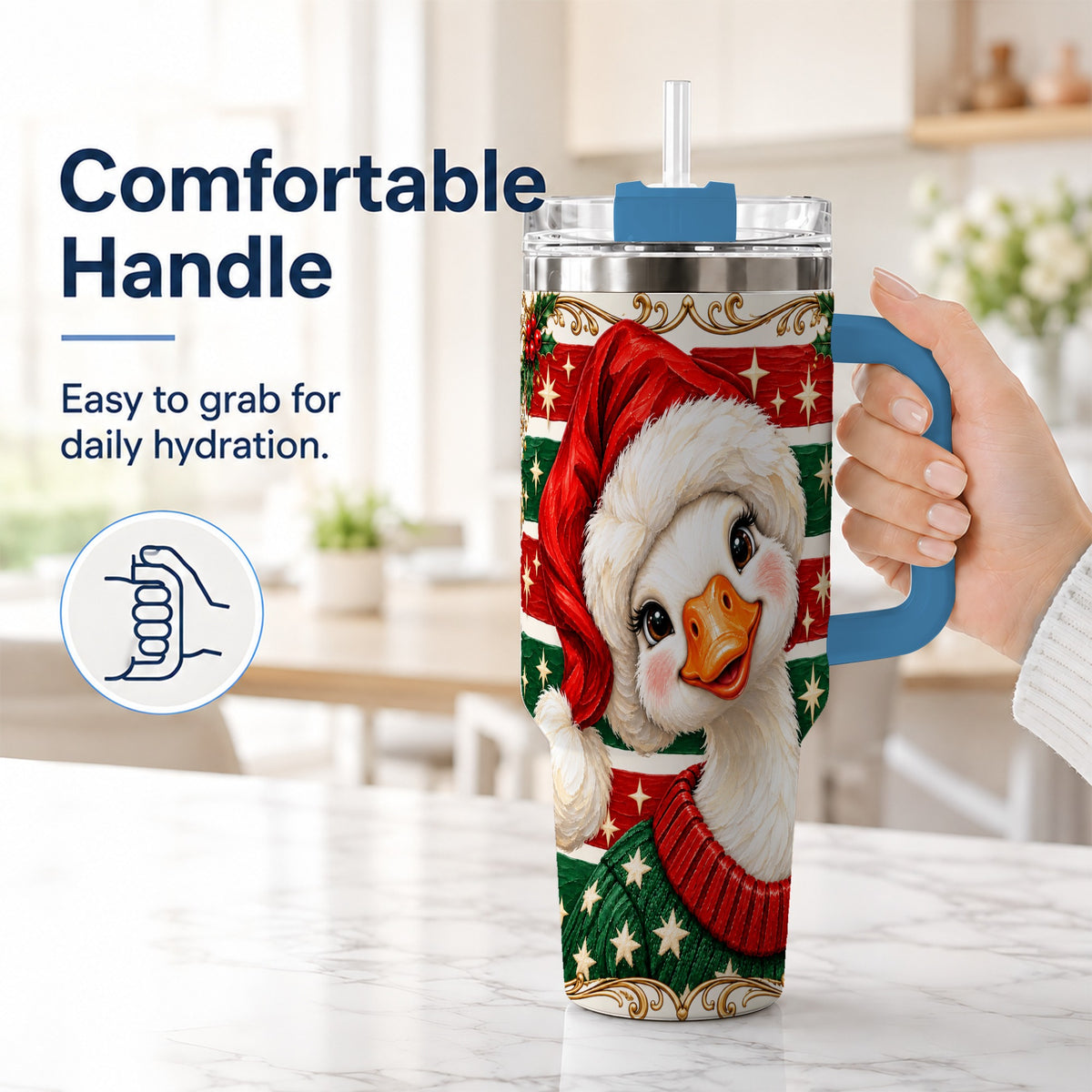 #pl[40oz|Blue] Santa Hat Goose 40oz Tumbler with Handle, Christmas Portrait Design