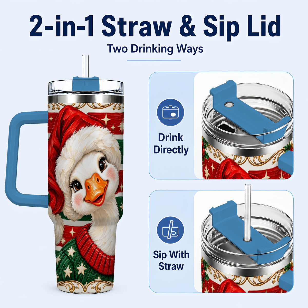 #pl[40oz|Blue] Santa Hat Goose 40oz Tumbler with Handle, Christmas Portrait Design