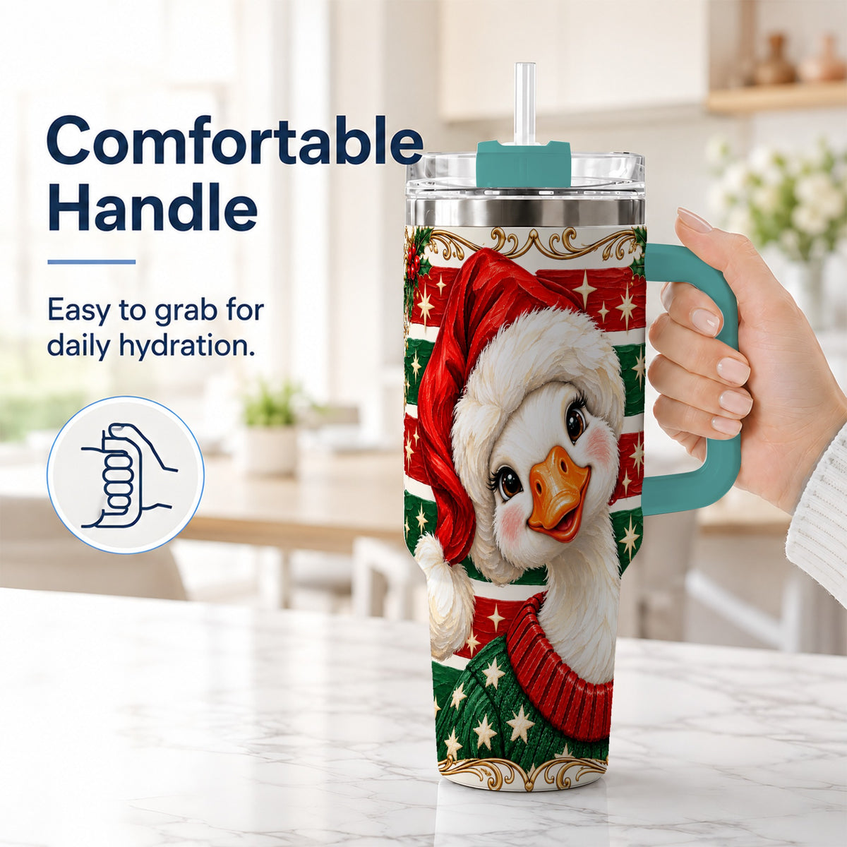 #pl[40oz|Green] Santa Hat Goose 40oz Tumbler with Handle, Christmas Portrait Design
