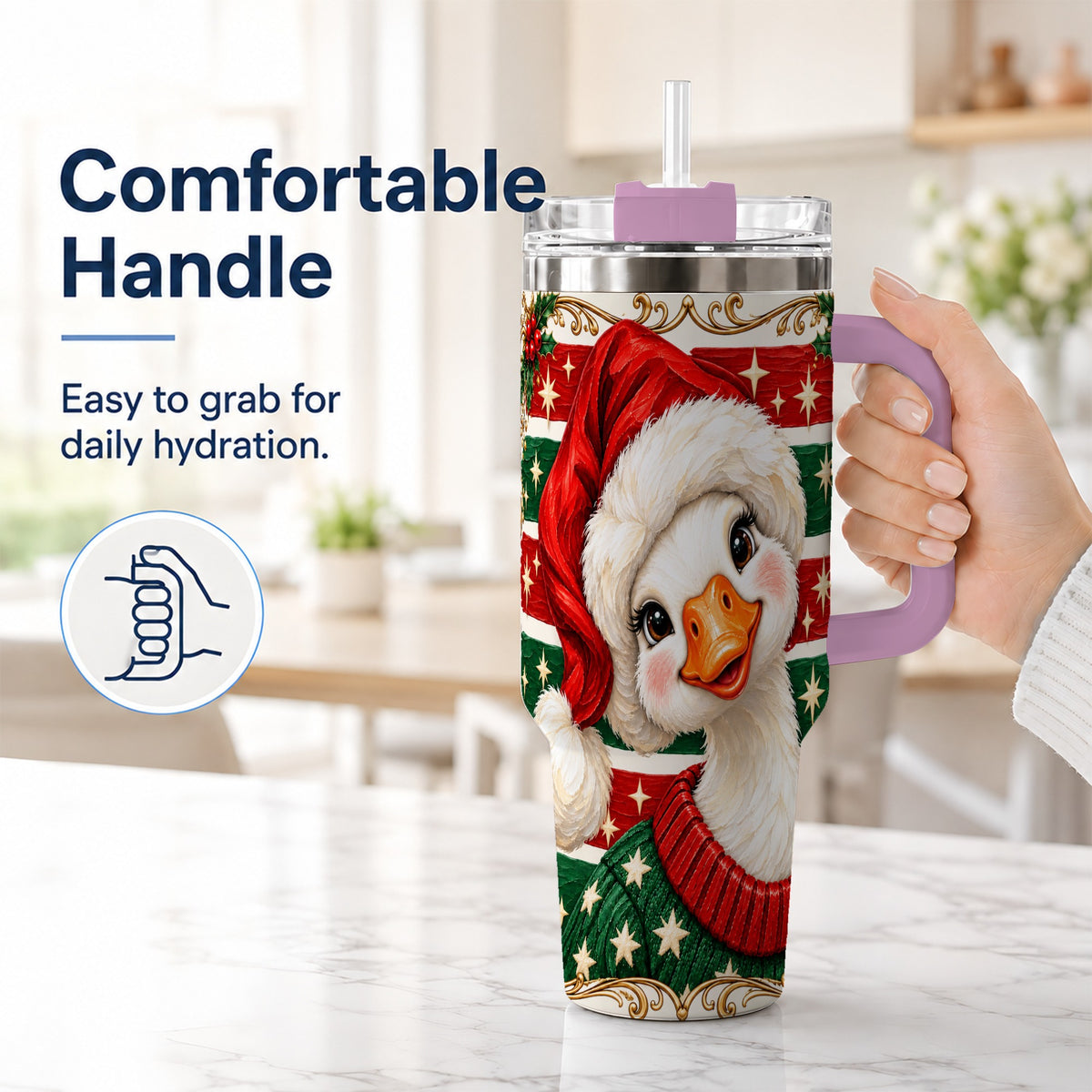 #pl[40oz|Pink] Santa Hat Goose 40oz Tumbler with Handle, Christmas Portrait Design