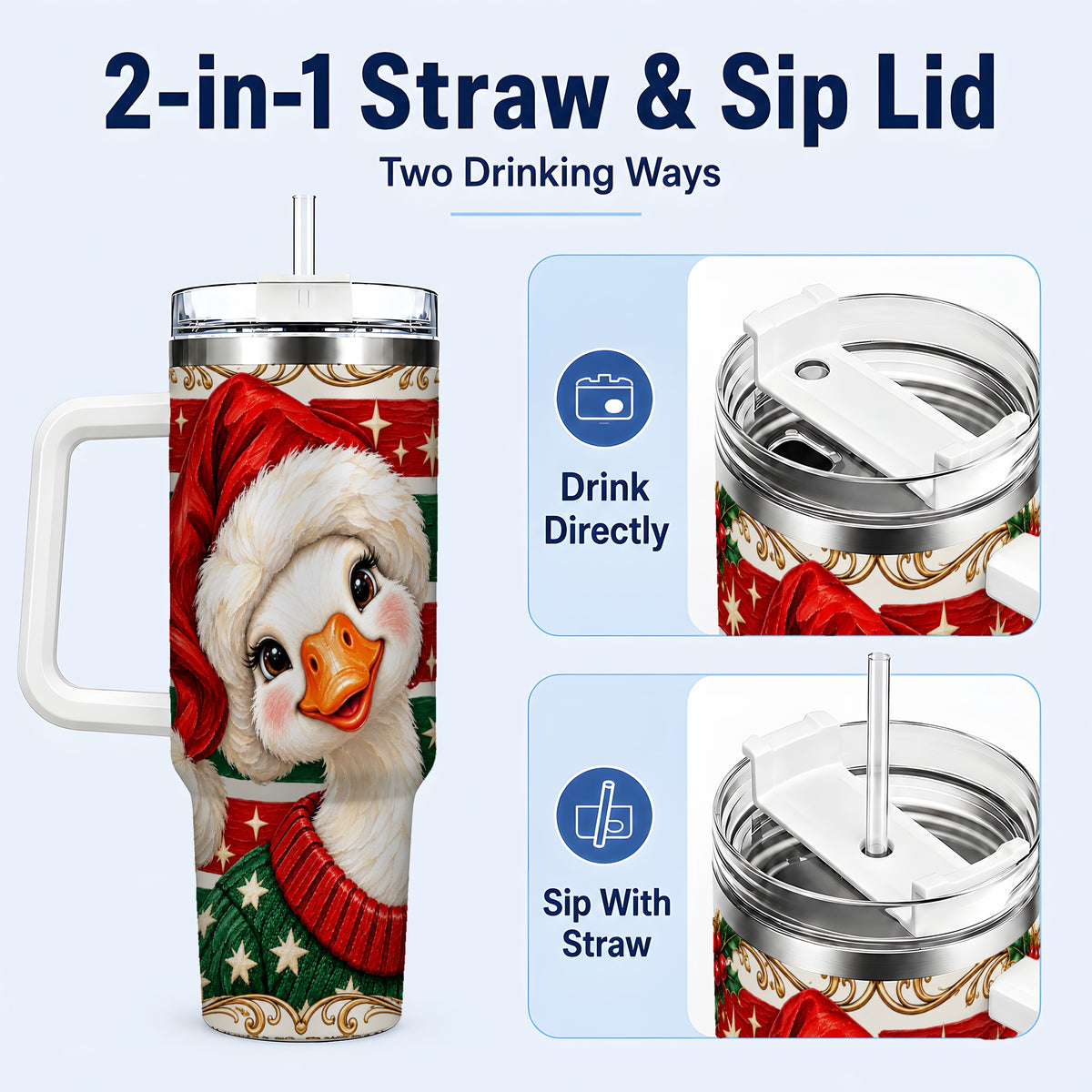 #pl[40oz|White] Santa Hat Goose 40oz Tumbler with Handle, Christmas Portrait Design