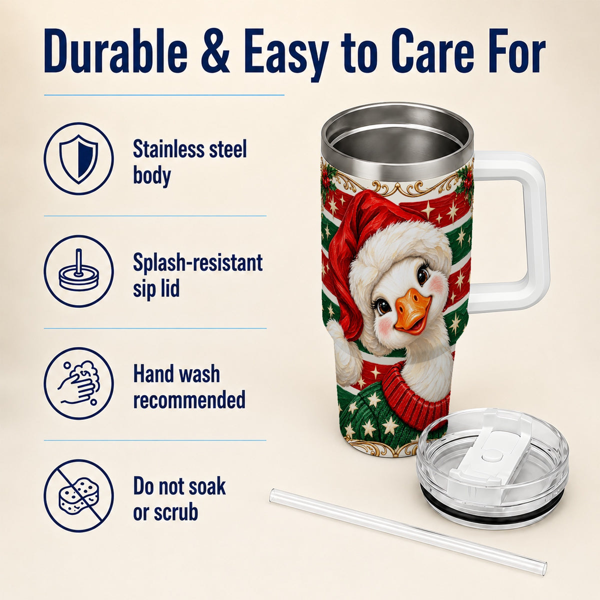 Santa Hat Goose 40oz Tumbler with Handle, Christmas Portrait Design