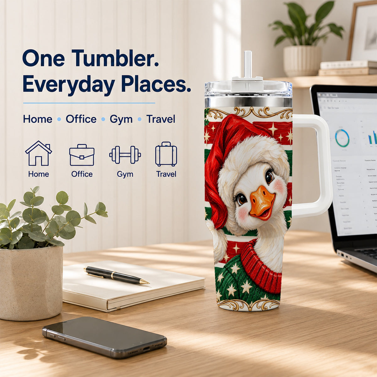Santa Hat Goose 40oz Tumbler with Handle, Christmas Portrait Design