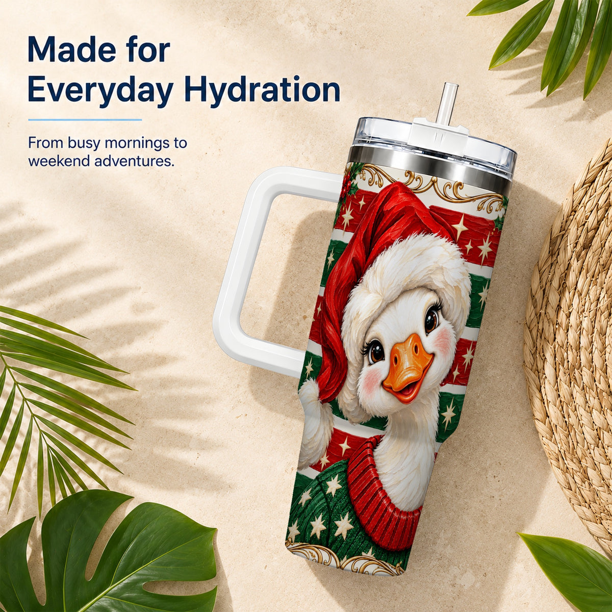 Santa Hat Goose 40oz Tumbler with Handle, Christmas Portrait Design