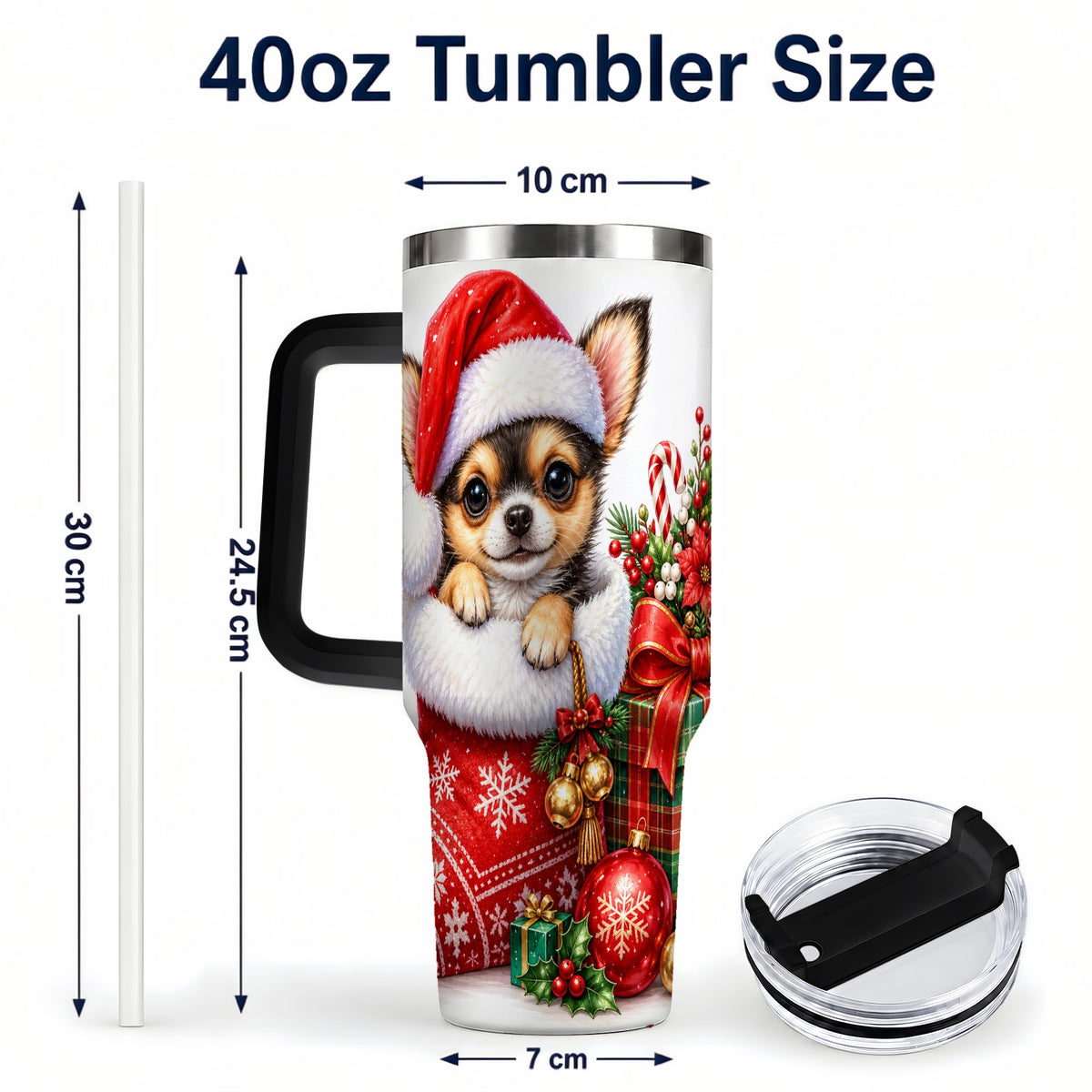 #pl[40oz|Black] Christmas Chihuahua 40oz Tumbler with Handle, Holiday Puppy Cup