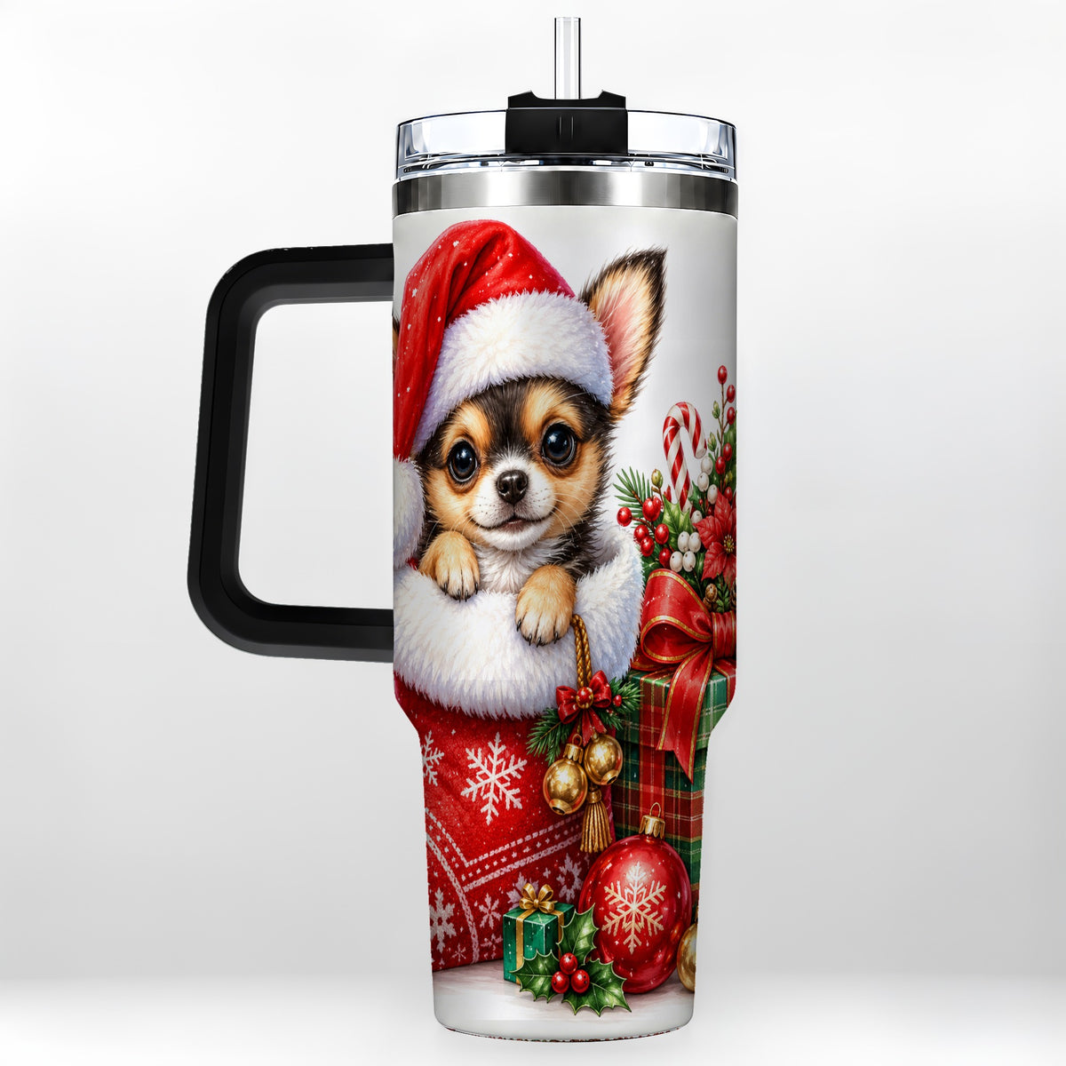 #pl[40oz|Black] Christmas Chihuahua 40oz Tumbler with Handle, Holiday Puppy Cup