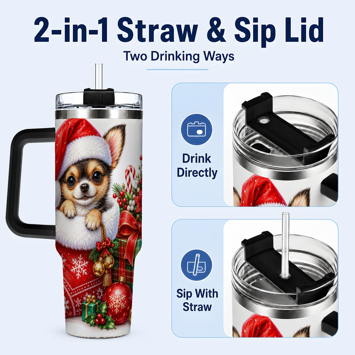 #pl[40oz|Black] Christmas Chihuahua 40oz Tumbler with Handle, Holiday Puppy Cup