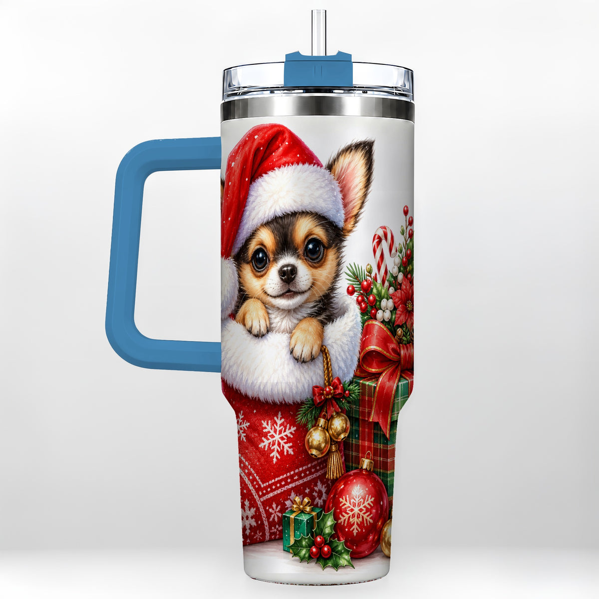 #pl[40oz|Blue] Christmas Chihuahua 40oz Tumbler with Handle, Holiday Puppy Cup
