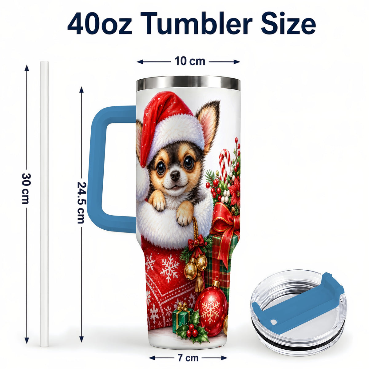 #pl[40oz|Blue] Christmas Chihuahua 40oz Tumbler with Handle, Holiday Puppy Cup