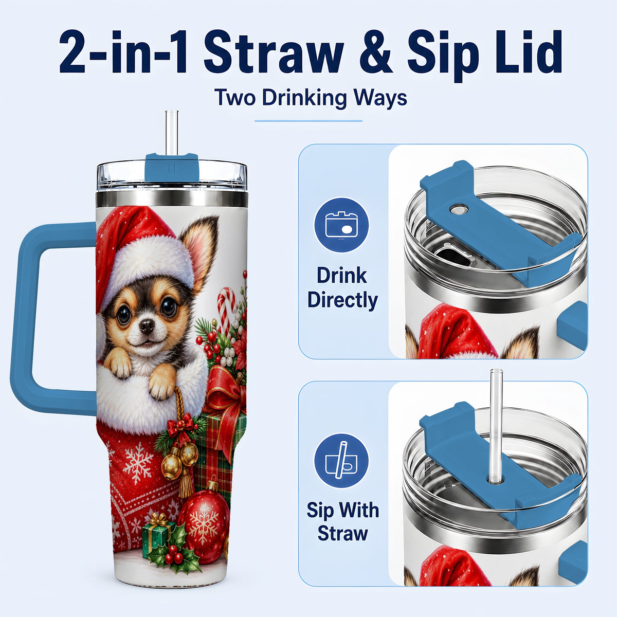 #pl[40oz|Blue] Christmas Chihuahua 40oz Tumbler with Handle, Holiday Puppy Cup