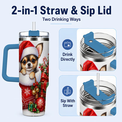 #pl[40oz|Blue] Christmas Chihuahua 40oz Tumbler with Handle, Holiday Puppy Cup