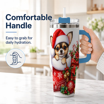 #pl[40oz|Blue] Christmas Chihuahua 40oz Tumbler with Handle, Holiday Puppy Cup