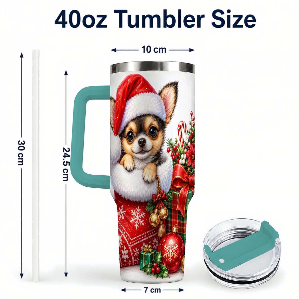 #pl[40oz|Green] Christmas Chihuahua 40oz Tumbler with Handle, Holiday Puppy Cup