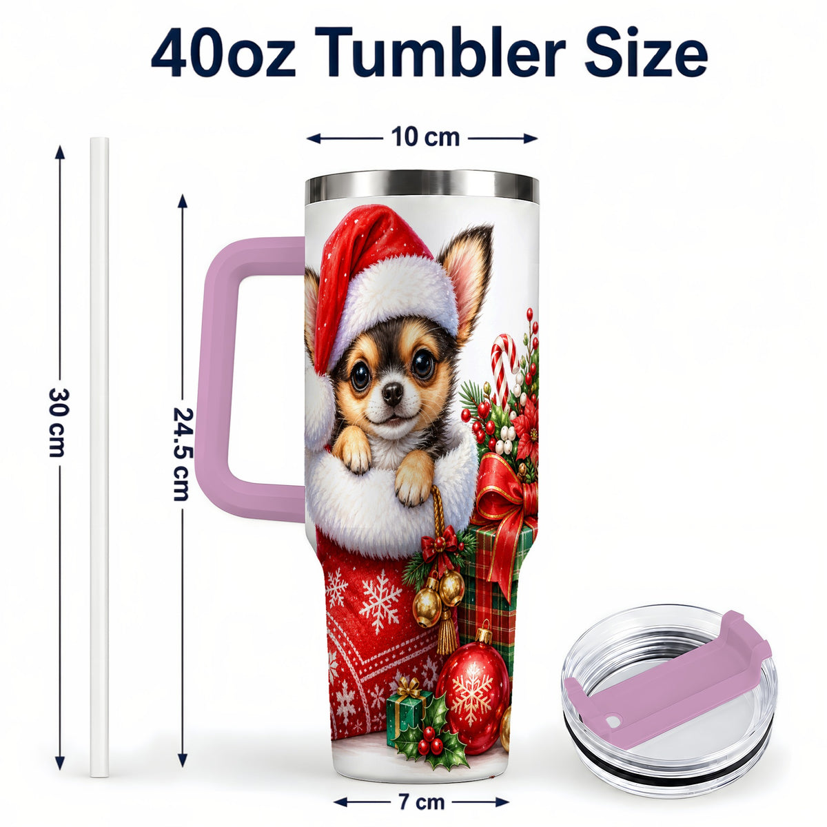 #pl[40oz|Pink] Christmas Chihuahua 40oz Tumbler with Handle, Holiday Puppy Cup