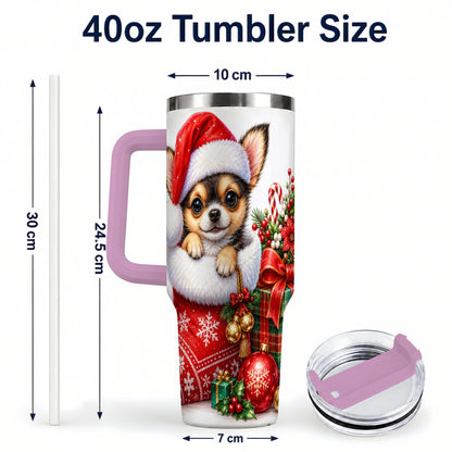 #pl[40oz|Pink] Christmas Chihuahua 40oz Tumbler with Handle, Holiday Puppy Cup