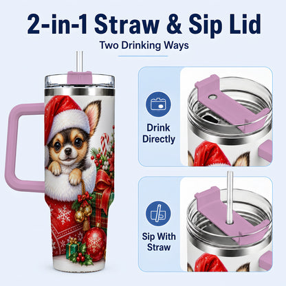 #pl[40oz|Pink] Christmas Chihuahua 40oz Tumbler with Handle, Holiday Puppy Cup