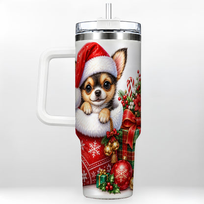 Christmas Chihuahua 40oz Tumbler with Handle, Holiday Puppy Cup