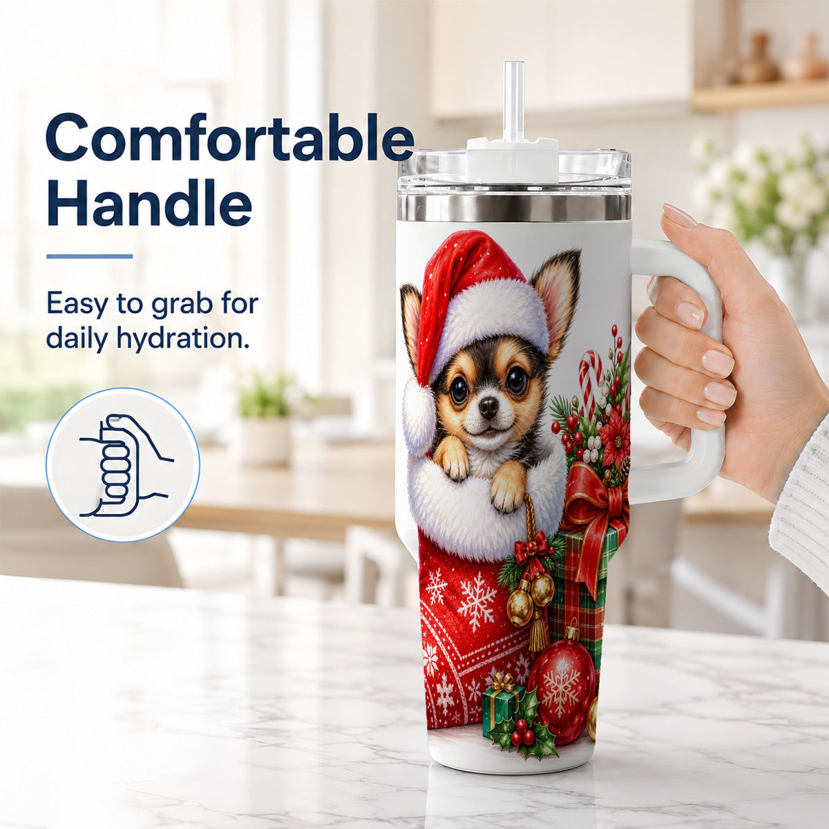 #pl[40oz|White] Christmas Chihuahua 40oz Tumbler with Handle, Holiday Puppy Cup