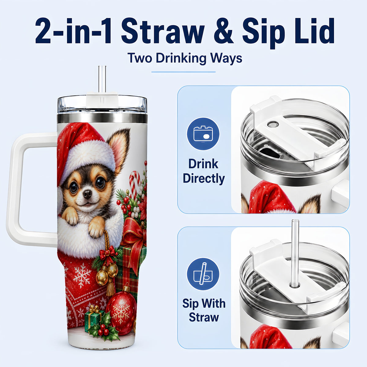 #pl[40oz|White] Christmas Chihuahua 40oz Tumbler with Handle, Holiday Puppy Cup