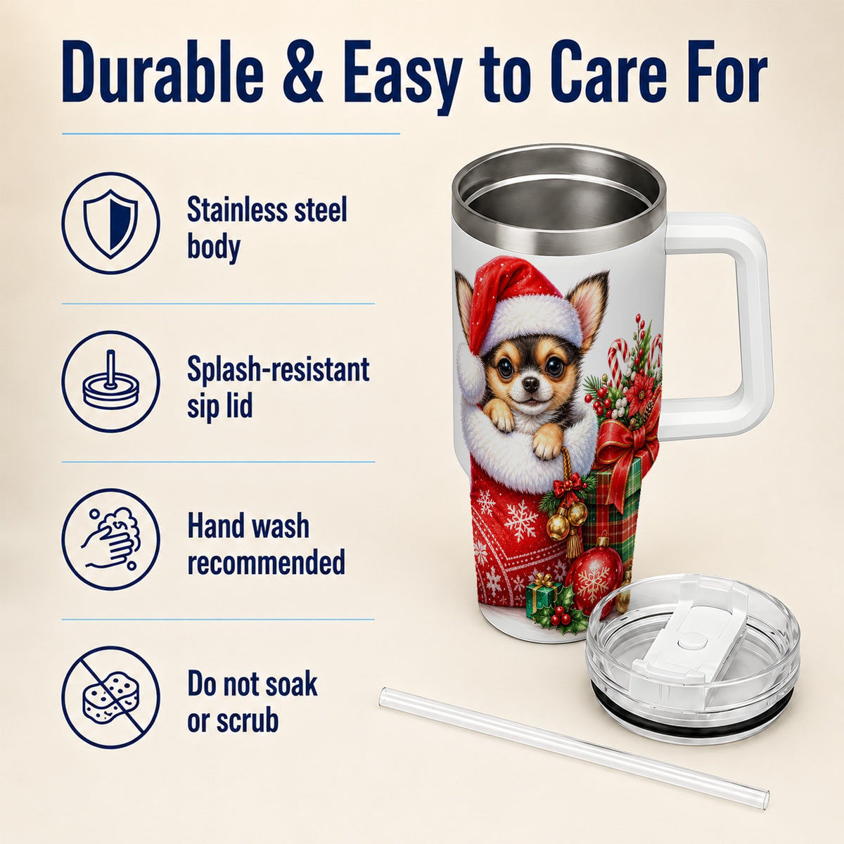 Christmas Chihuahua 40oz Tumbler with Handle, Holiday Puppy Cup