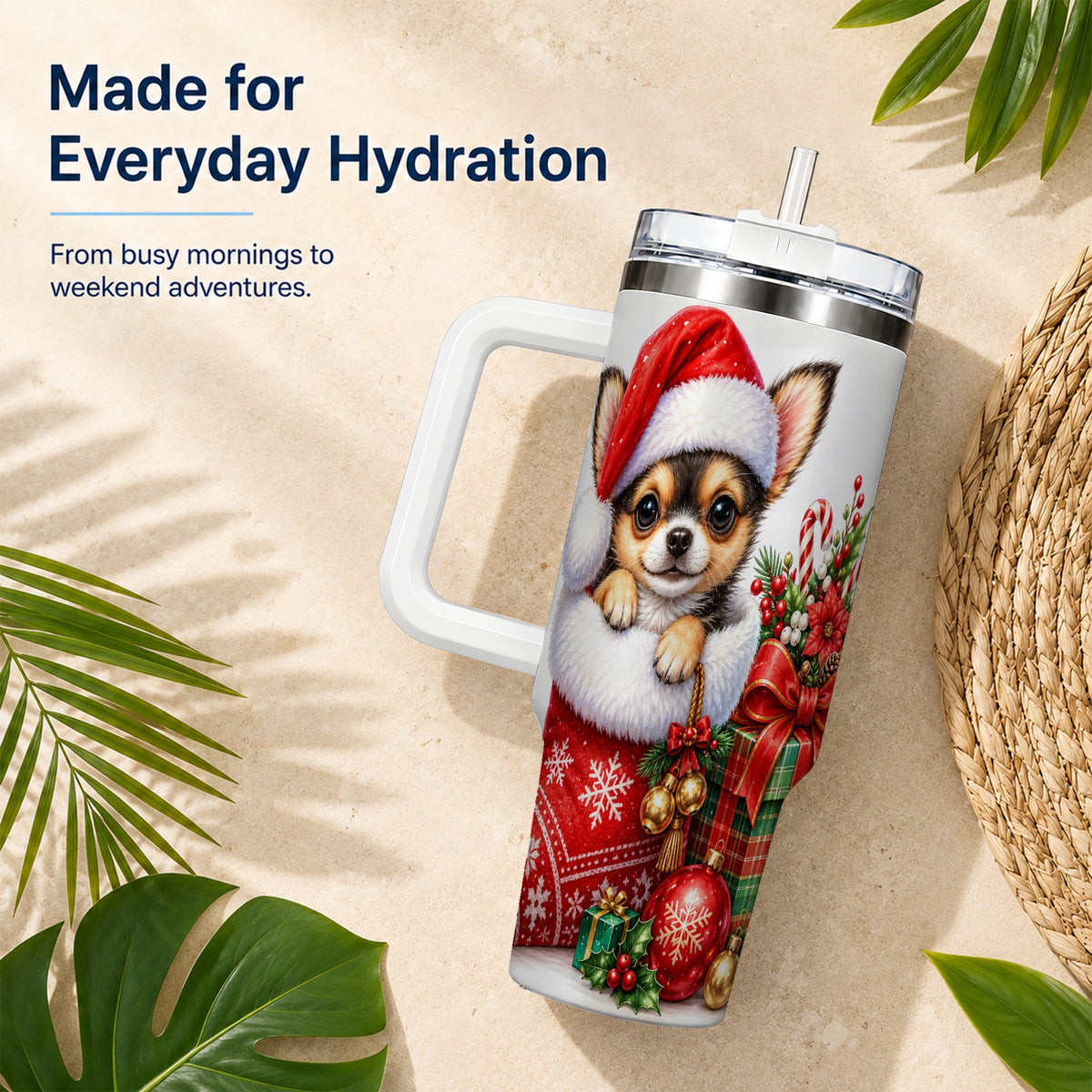 Christmas Chihuahua 40oz Tumbler with Handle, Holiday Puppy Cup