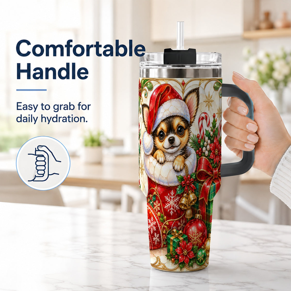 #pl[40oz|Black] Stained Glass Chihuahua 40oz Tumbler with Handle, Christmas Dog Art